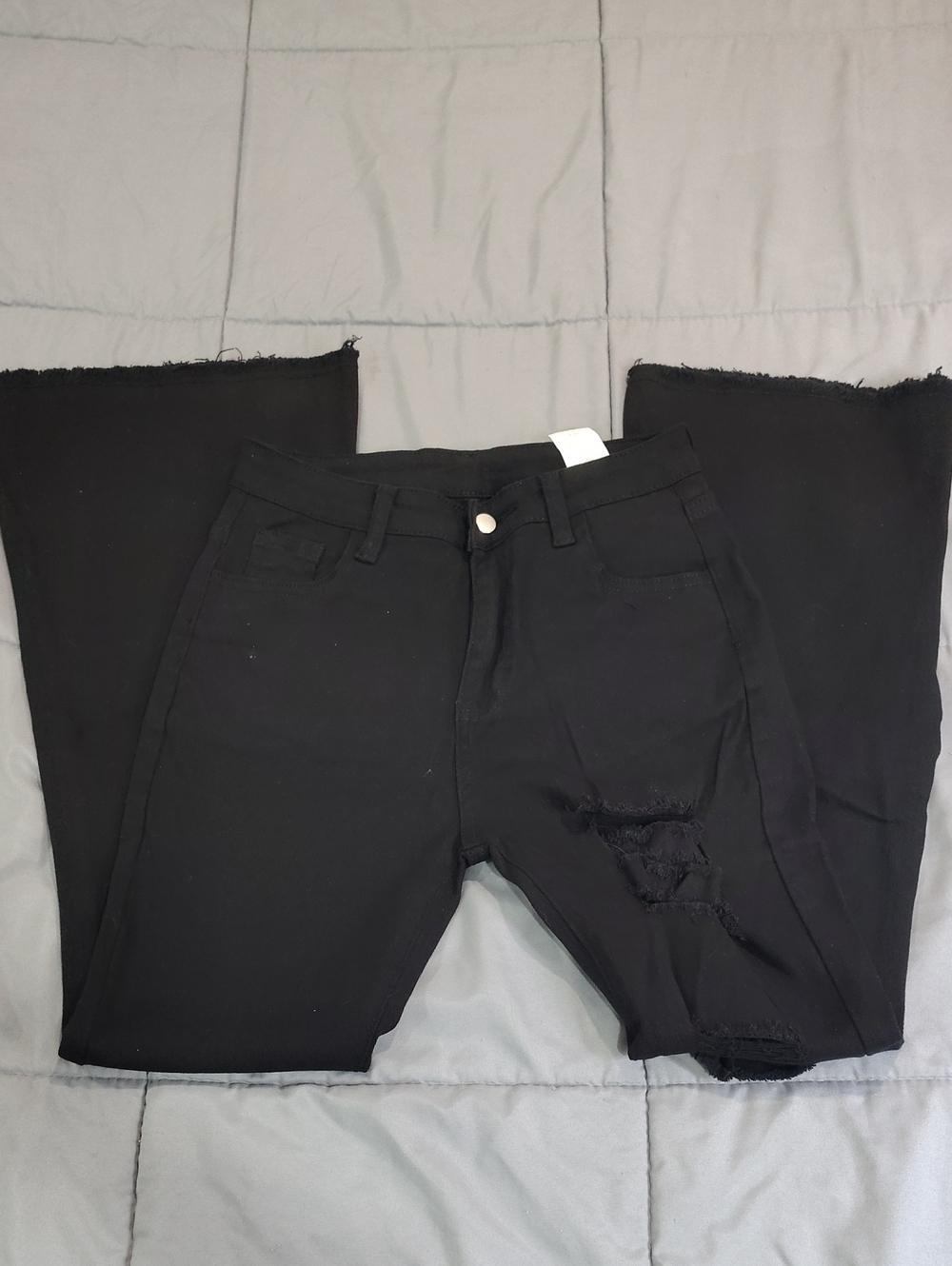 SHEIN Black Distressed Flare Jeans with Frayed Hem